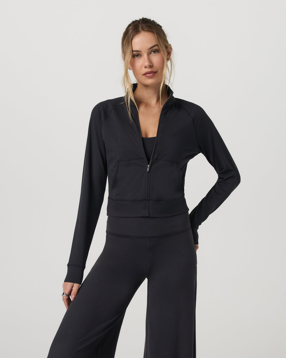 Halo Mini Track Jacket Women's Solid Black Cropped Zip-Up