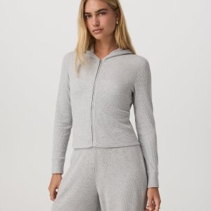 Waffle Full Zip Hoodie Women's Light Grey Hoodie