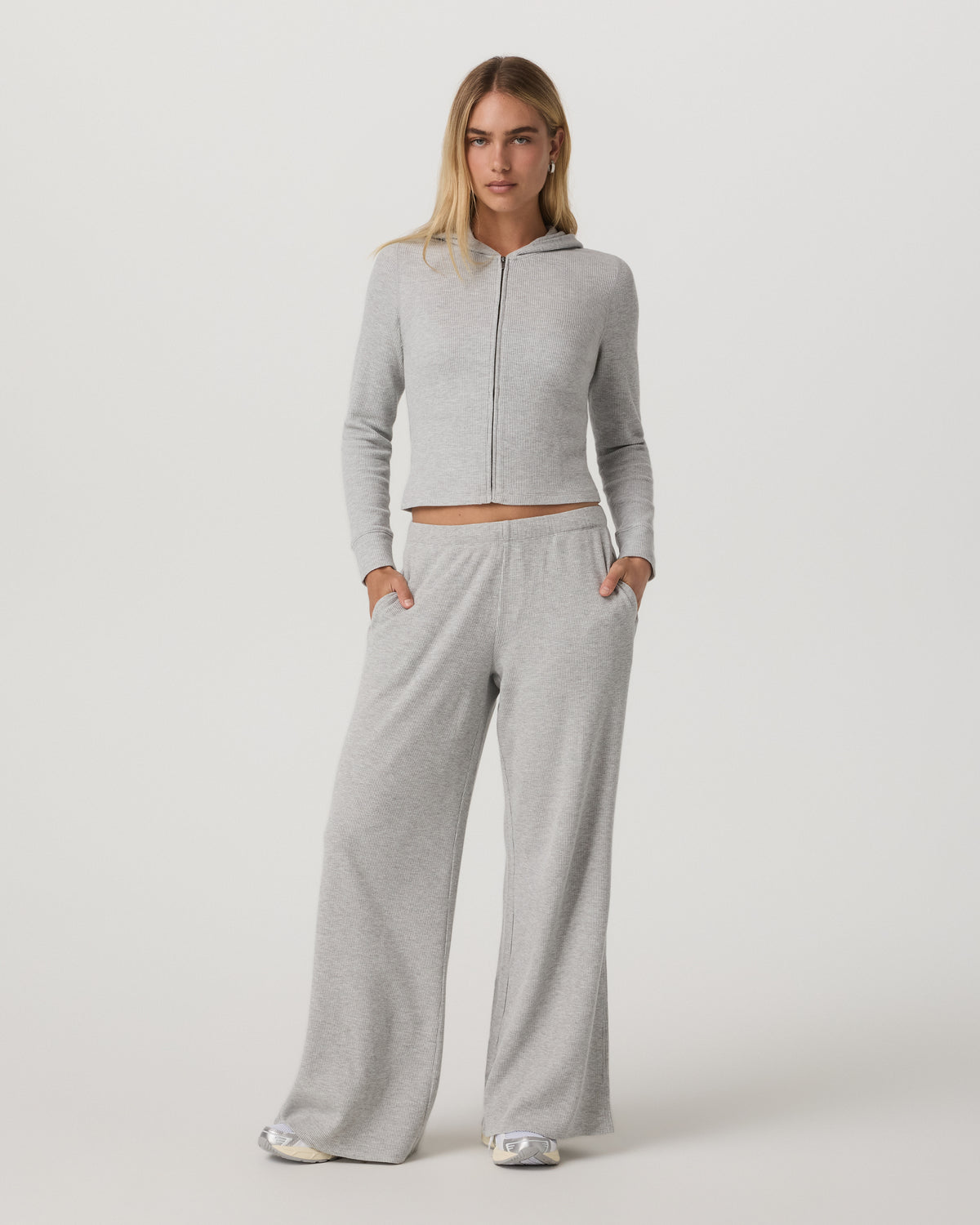 Waffle Full Zip Hoodie Women's Light Grey Hoodie - Image 2