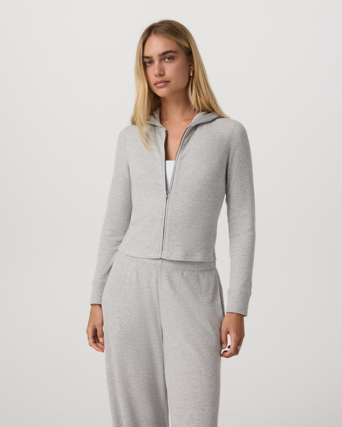 Waffle Full Zip Hoodie Women's Light Grey Hoodie - Image 5