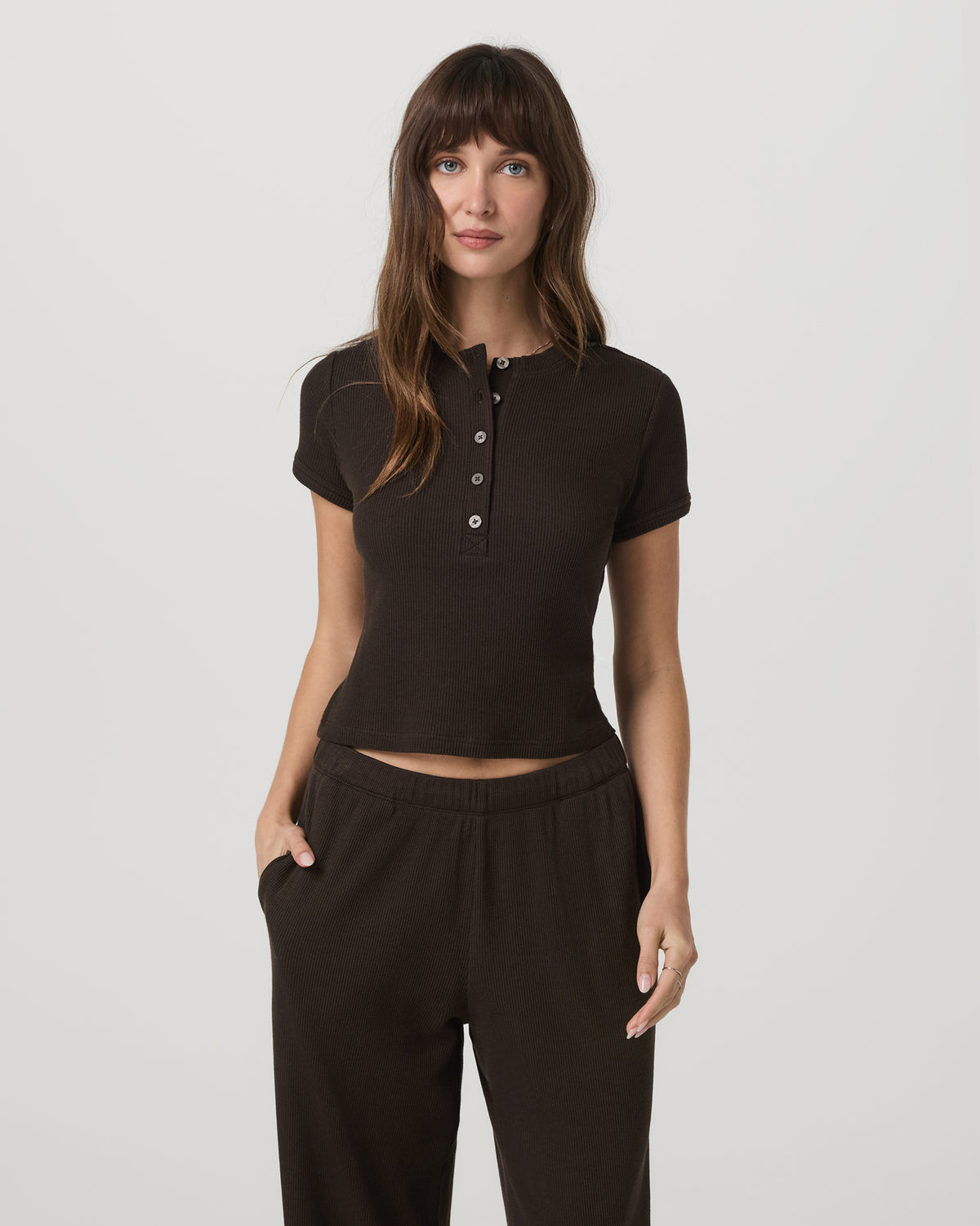Short Sleeve Waffle Baby Tee Women's Dark Java T-Shirt - Image 5