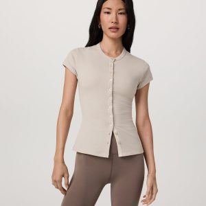 Short Sleeve Pose Button Up Women's Mushroom Crewneck