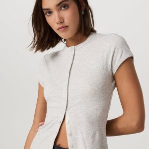 Women's Short Sleeve Pose Button Up White Heather Grey