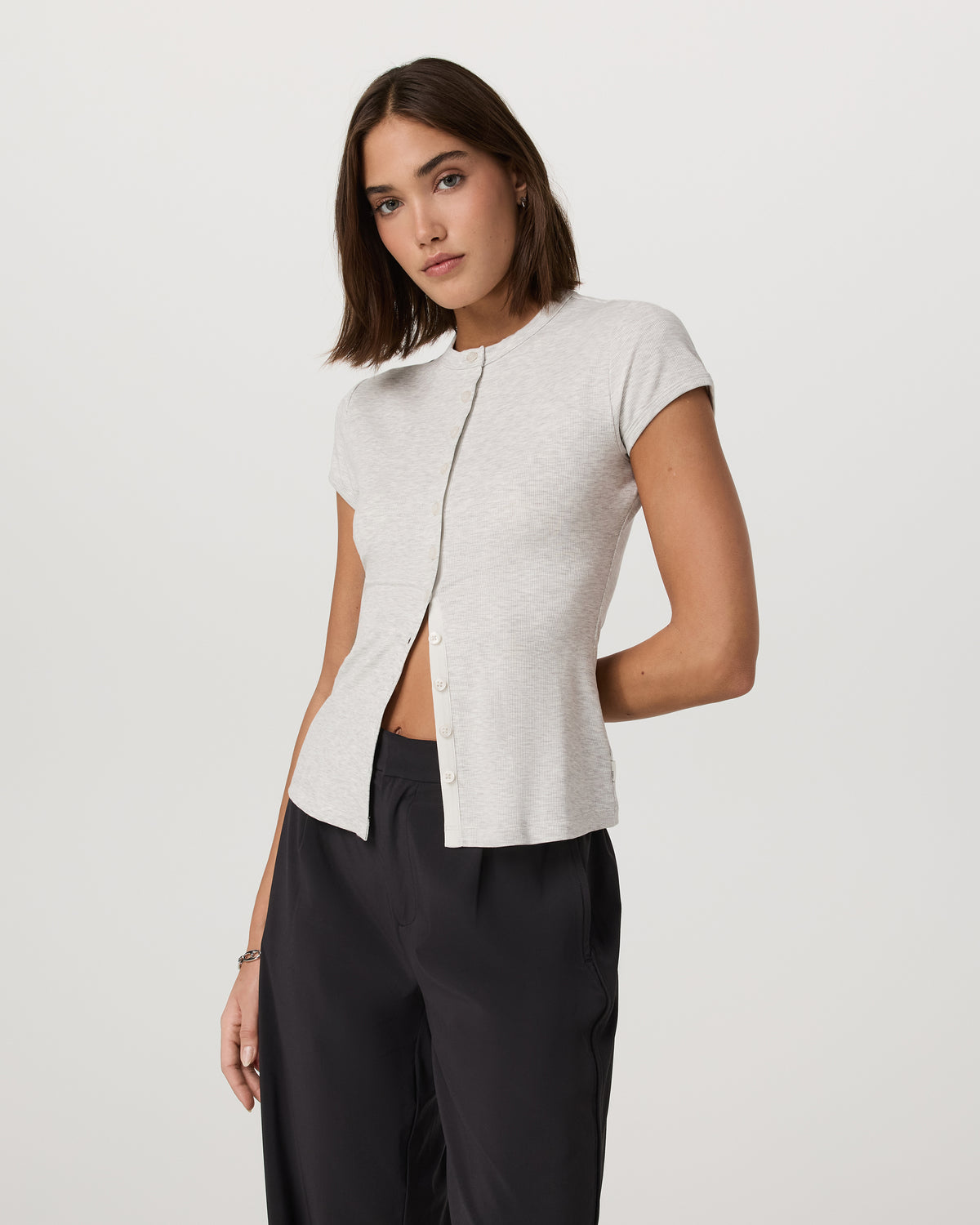 Women's Short Sleeve Pose Button Up White Heather Grey - Image 5