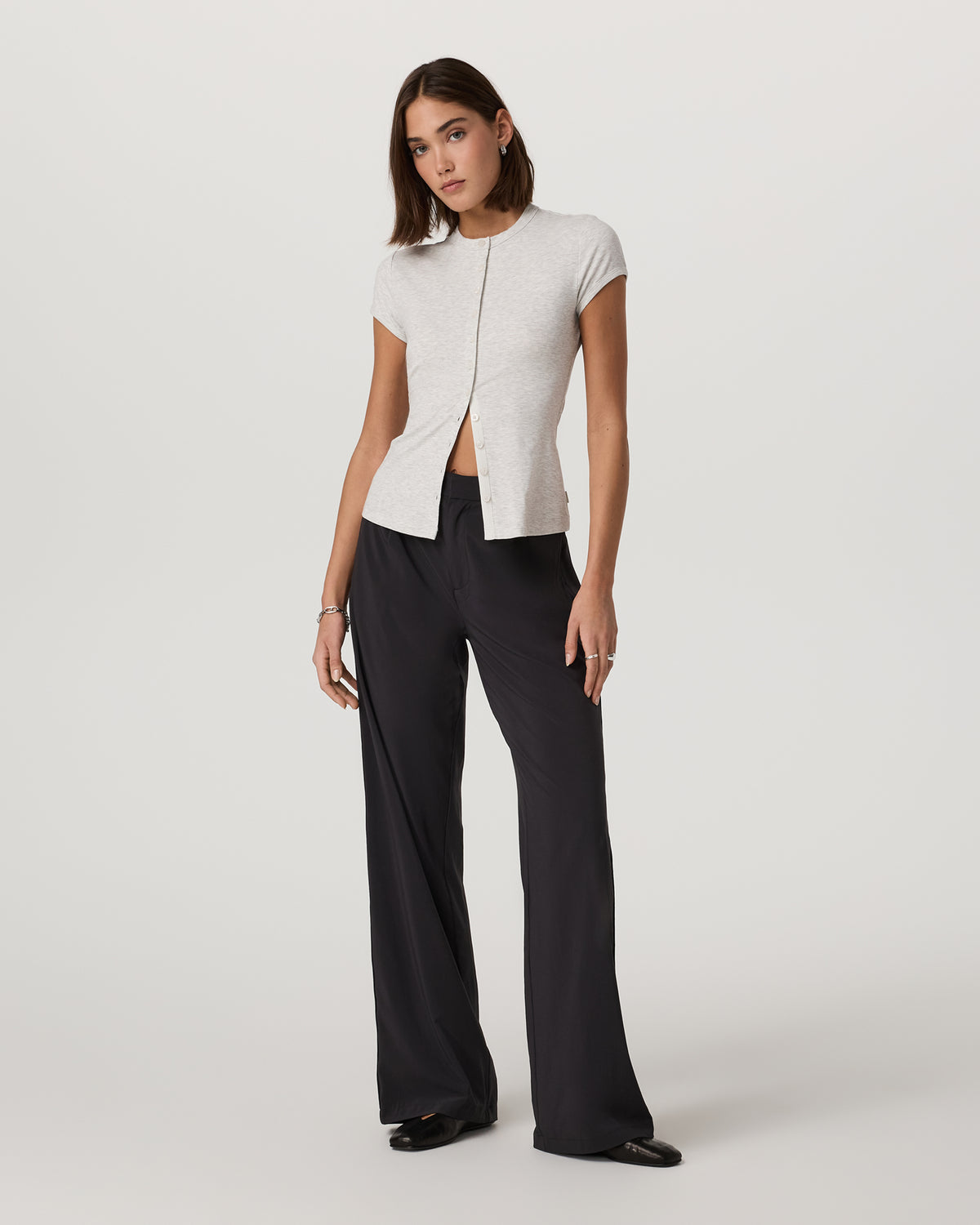 Women's Short Sleeve Pose Button Up White Heather Grey - Image 6