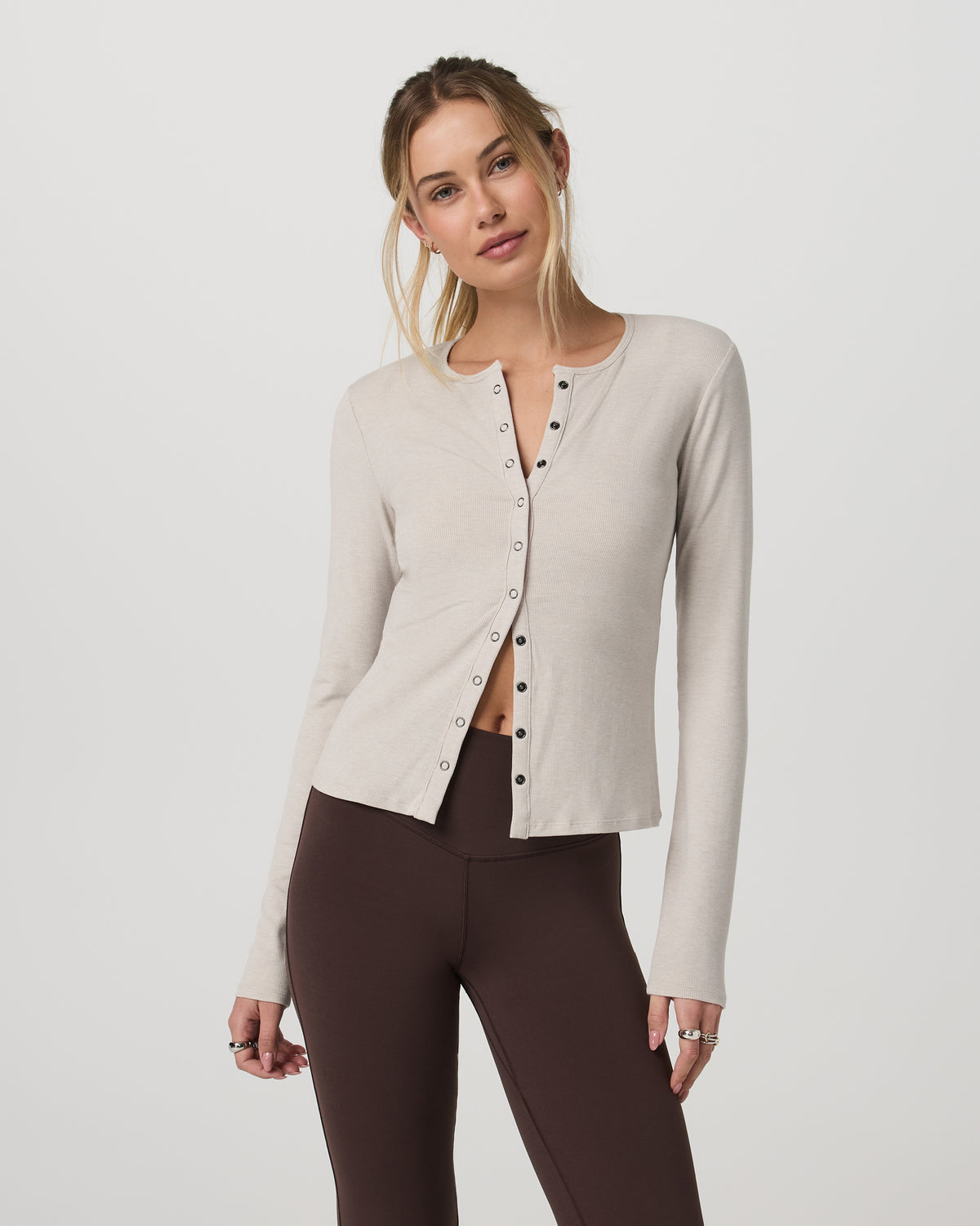 Long Sleeve Pose Twin Cardigan Women's Ecru Heather Top - Image 2