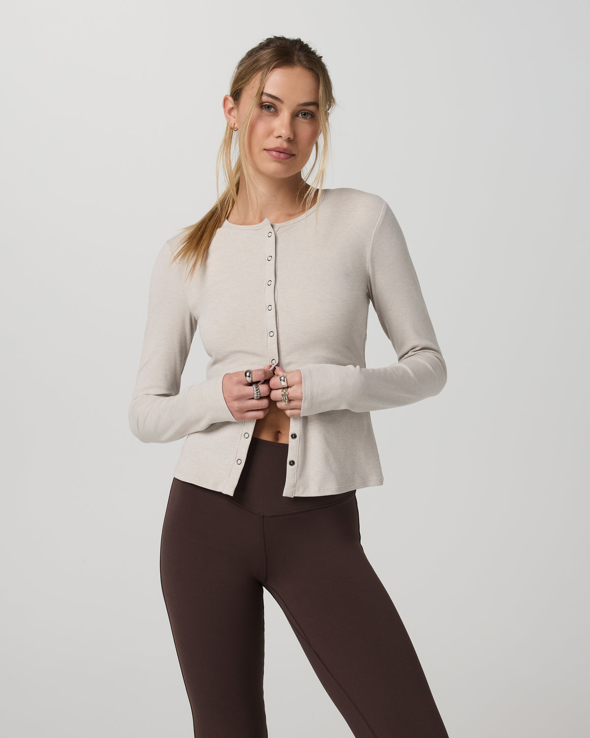 Long Sleeve Pose Twin Cardigan Women's Ecru Heather Top - Image 5