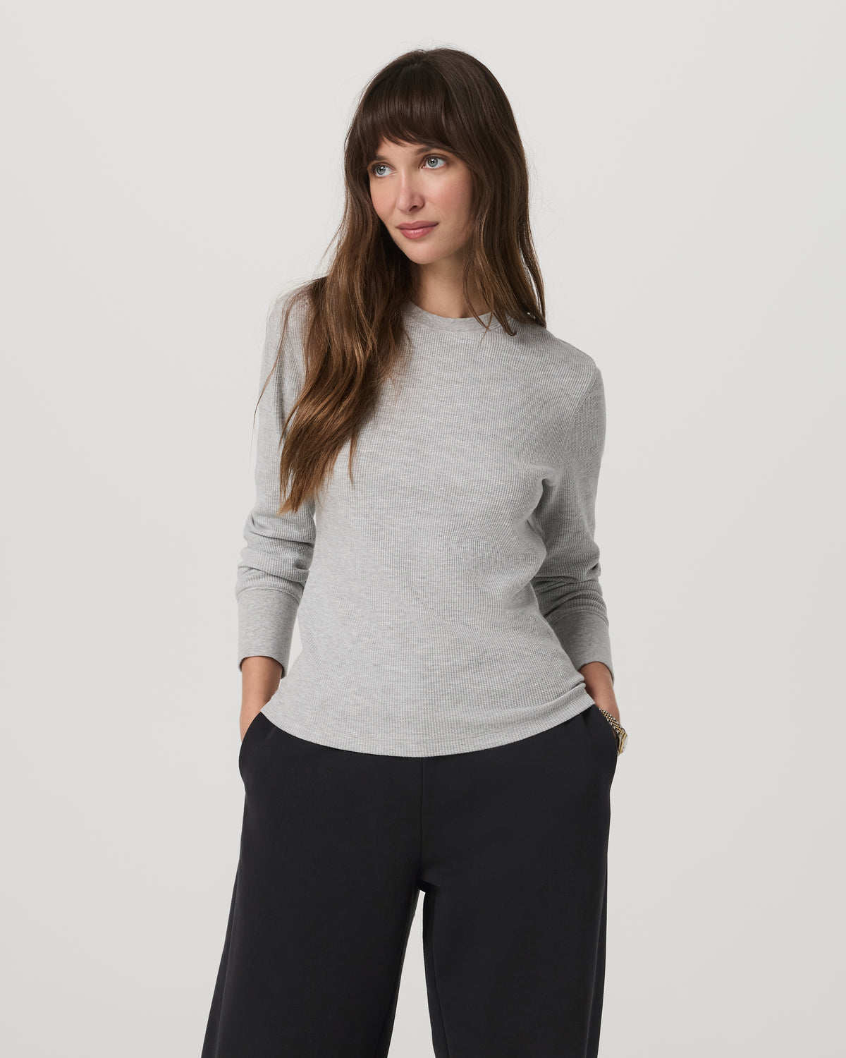 Long Sleeve Waffle Top Women's Light Heather Grey Tee - Image 4