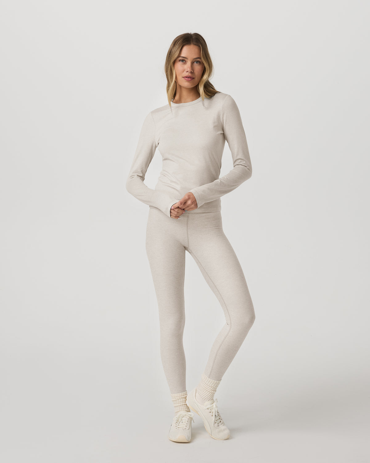 Long Sleeve Halo Essential Crew Tee Ecru Heather Shirt - Image 4