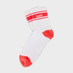 Half Crew Stripe Novelty Sock White & Bright Coral Stripe