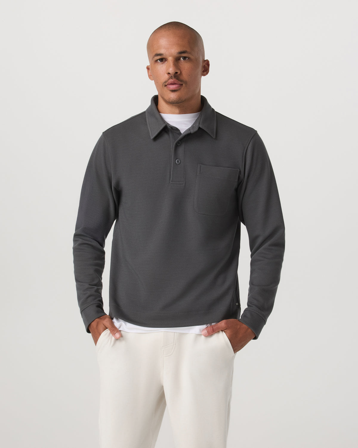 Long Sleeve Waffle Polo Men's Dark Pewter Polo Shirt