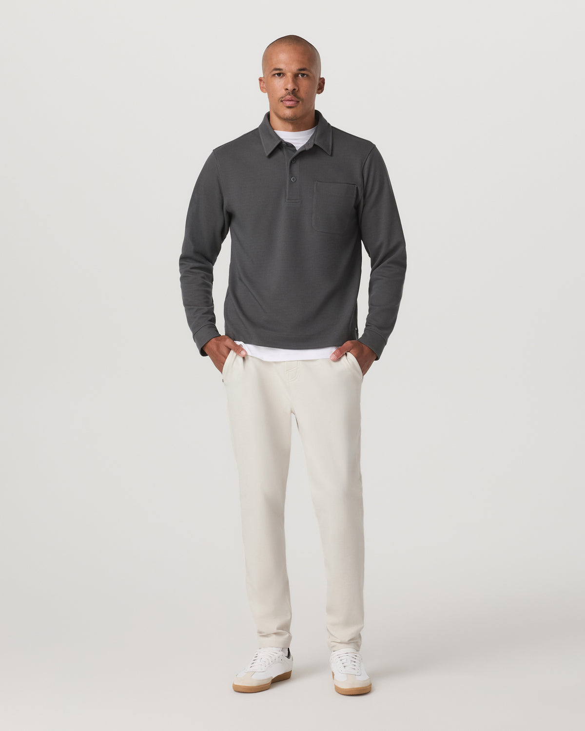 Long Sleeve Waffle Polo Men's Dark Pewter Polo Shirt - Image 4