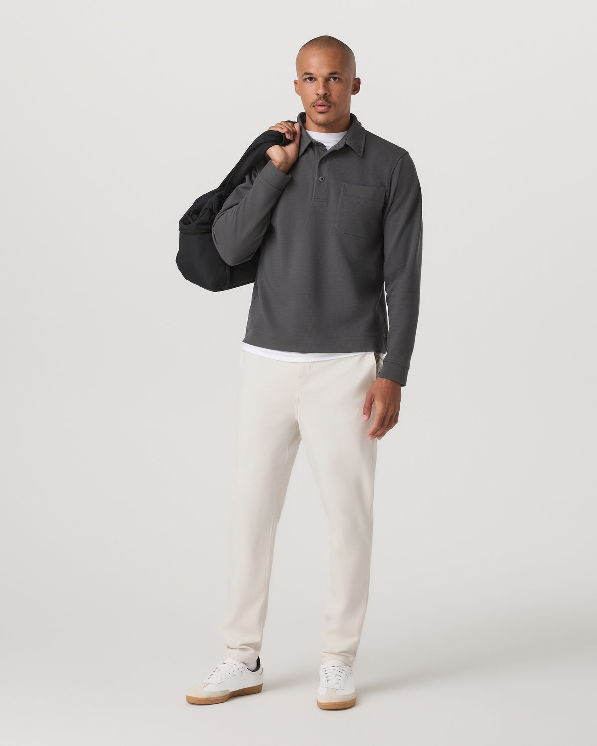 Long Sleeve Waffle Polo Men's Dark Pewter Polo Shirt - Image 5