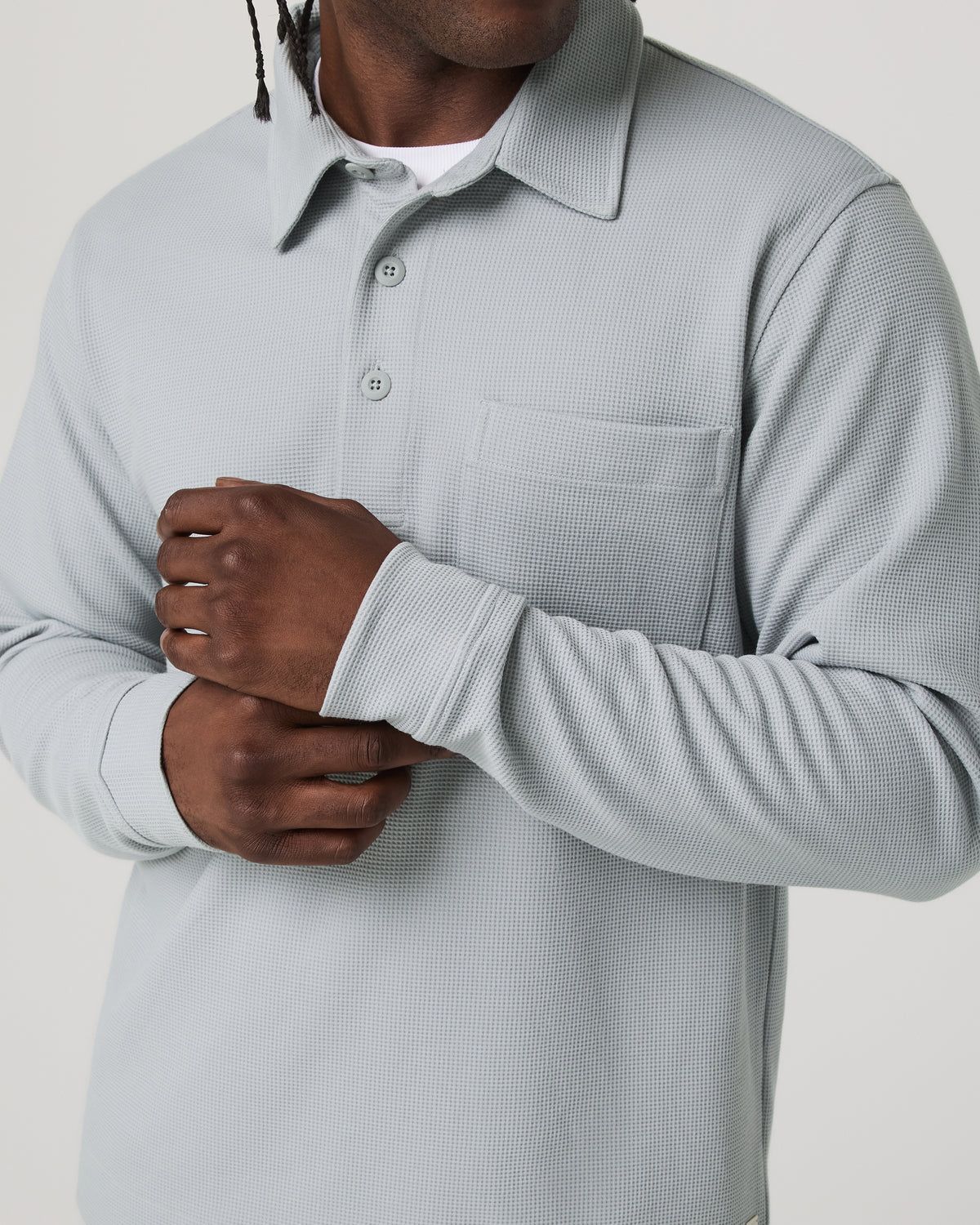Long Sleeve Waffle Polo Men's Sea Fog Polo Shirt - Image 2