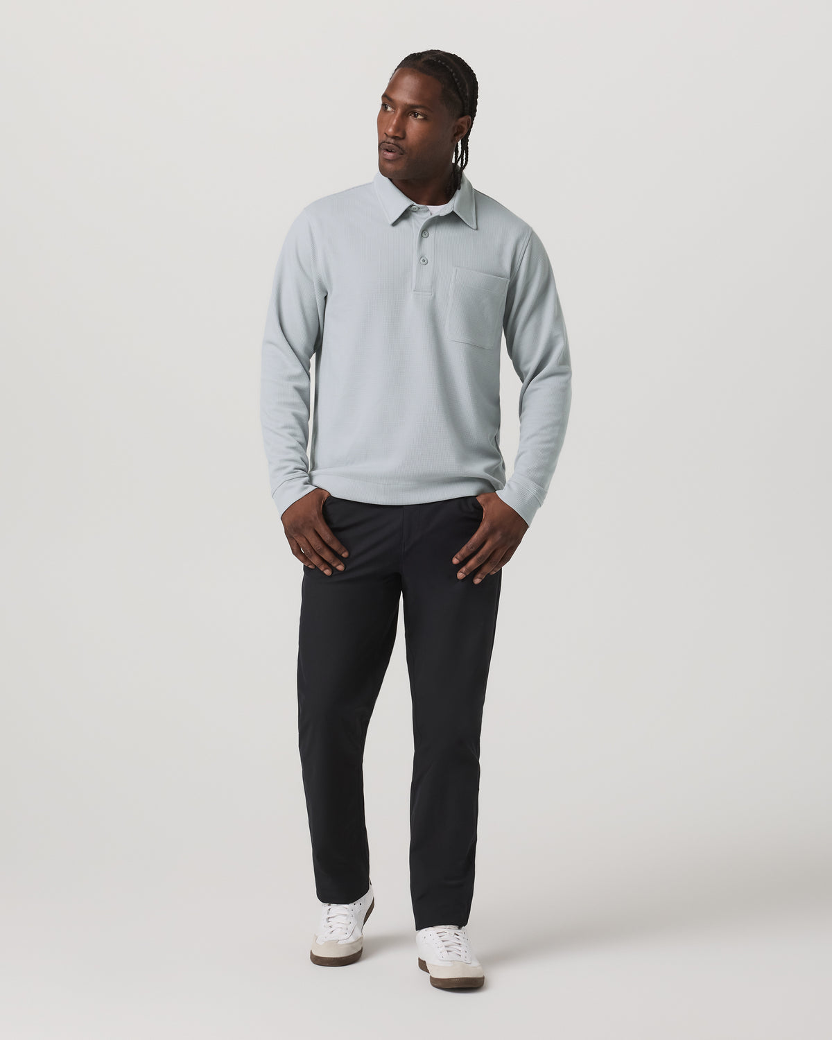 Long Sleeve Waffle Polo Men's Sea Fog Polo Shirt - Image 4
