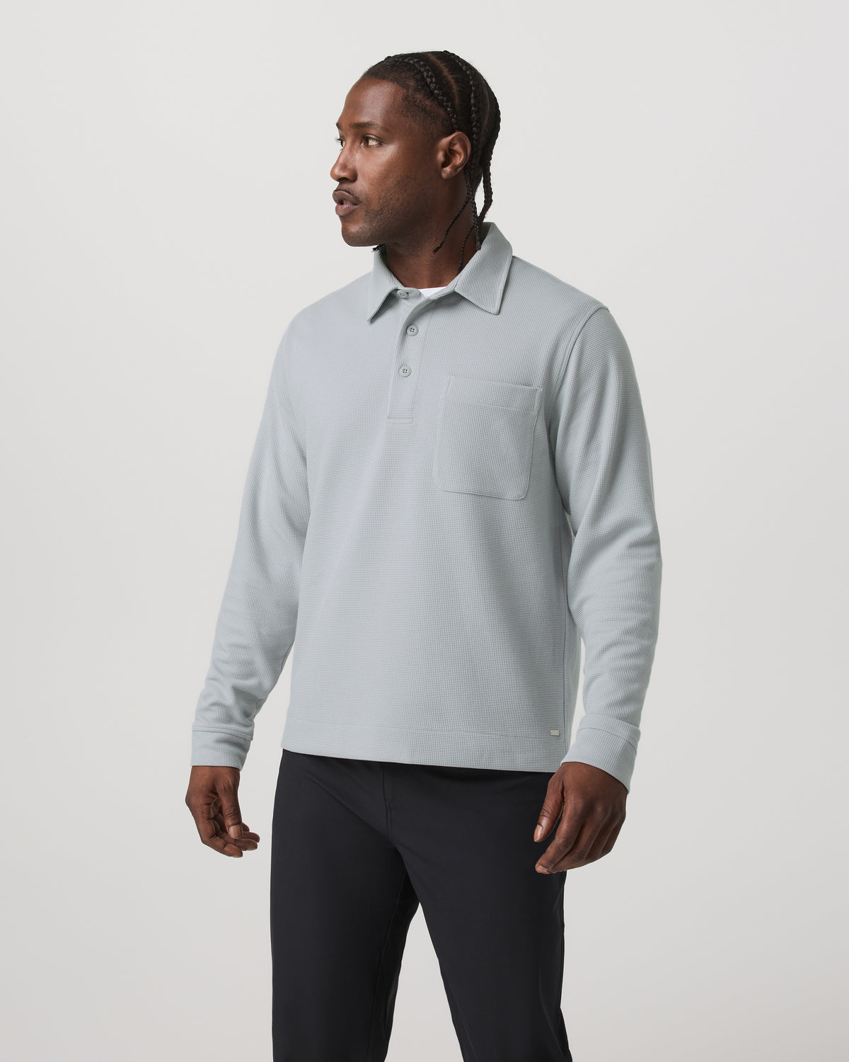 Long Sleeve Waffle Polo Men's Sea Fog Polo Shirt - Image 5