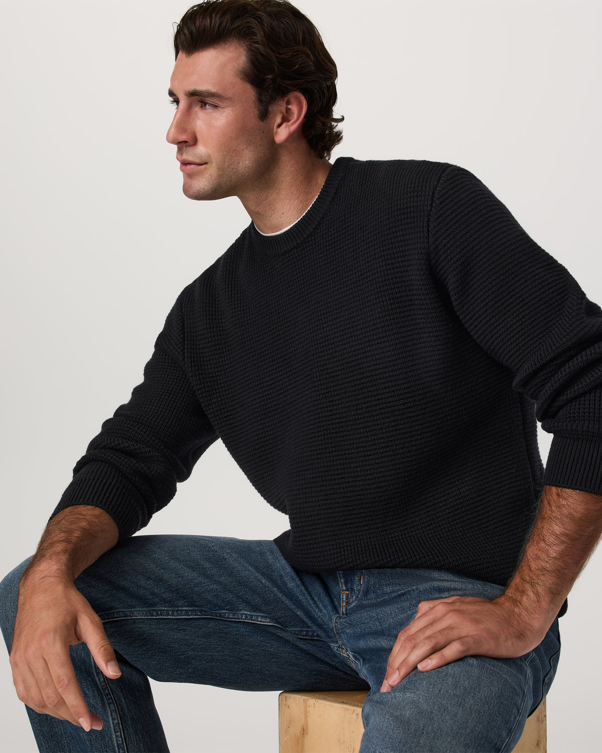 Denver Waffle Crew Sweater Men's Black Wool Sweater