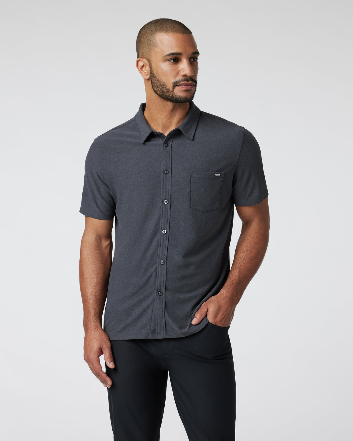Short Sleeve Ace Button Down Men's Charcoal Shirt - Image 3