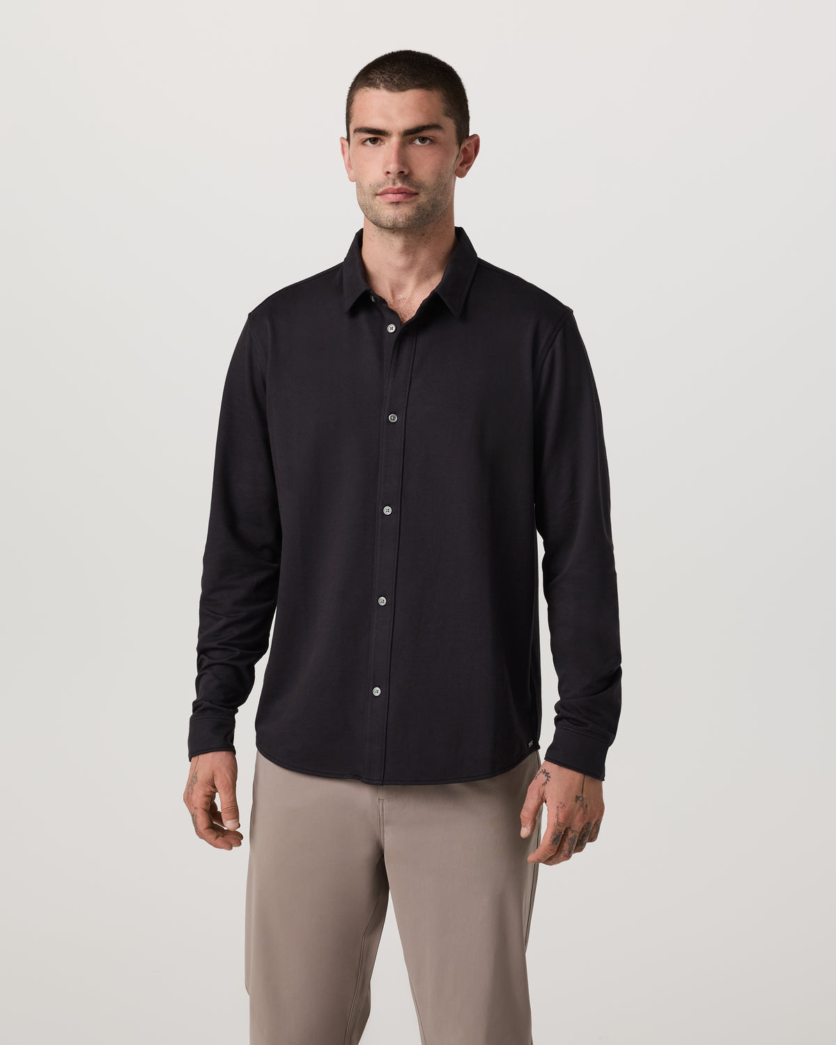 Long Sleeve Knit Oxford Button Down Men's Black Shirt