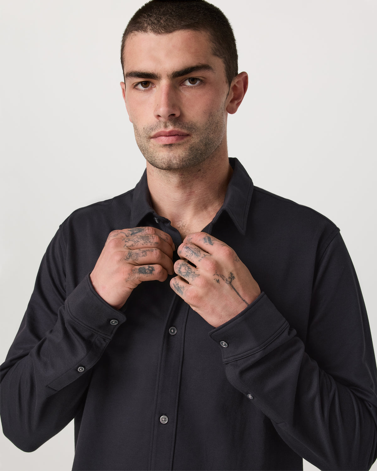 Long Sleeve Knit Oxford Button Down Men's Black Shirt - Image 2