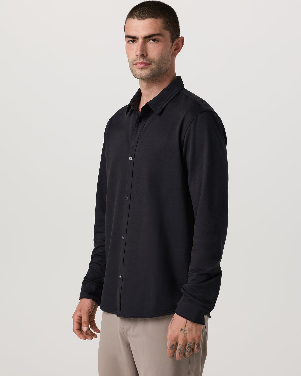 Long Sleeve Knit Oxford Button Down Men's Black Shirt - Image 5