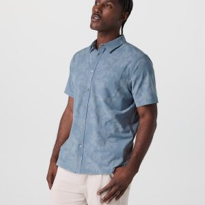 Short Sleeve Bridge Button Down Dusty Blue Plumeria