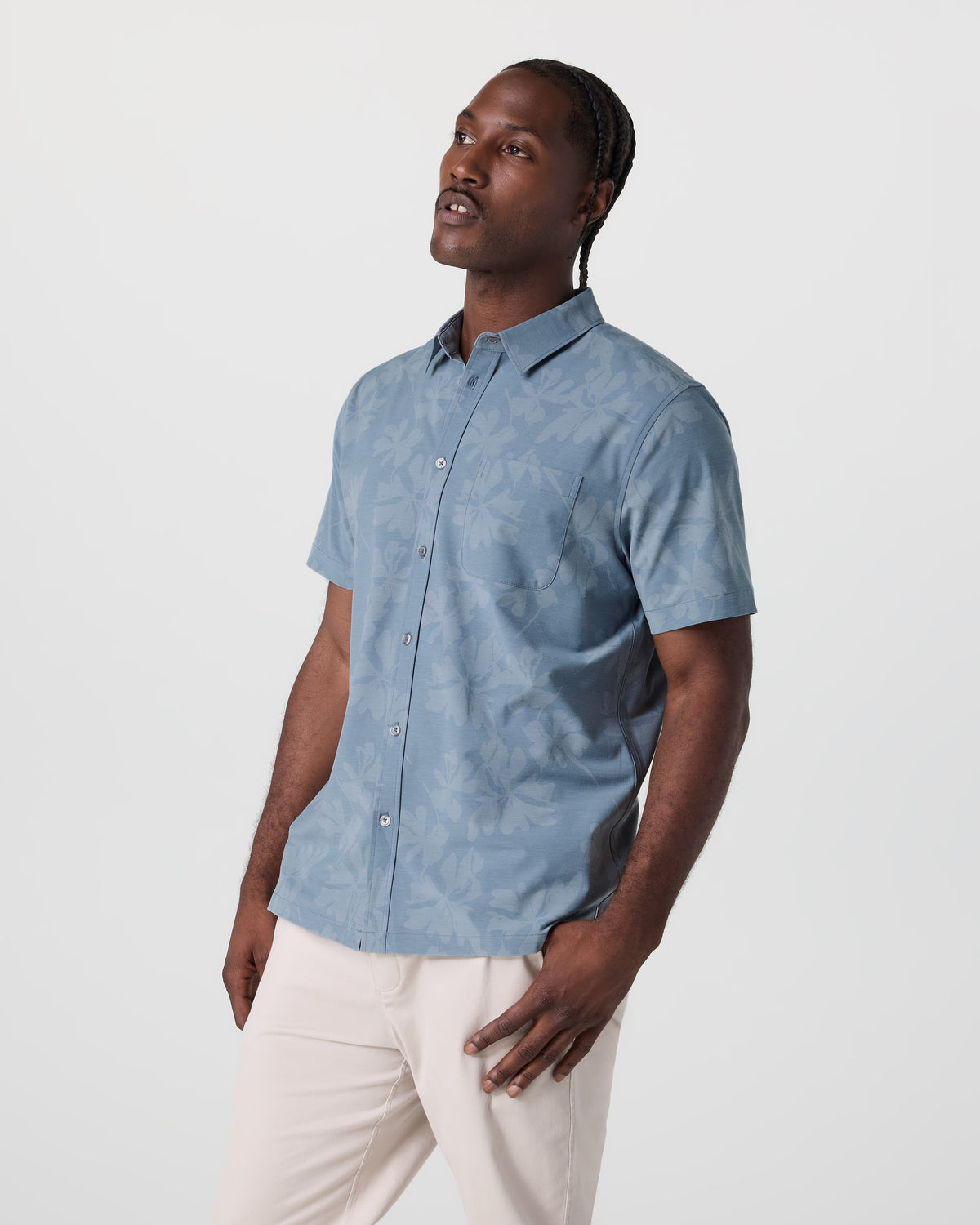 Short Sleeve Bridge Button Down Dusty Blue Plumeria