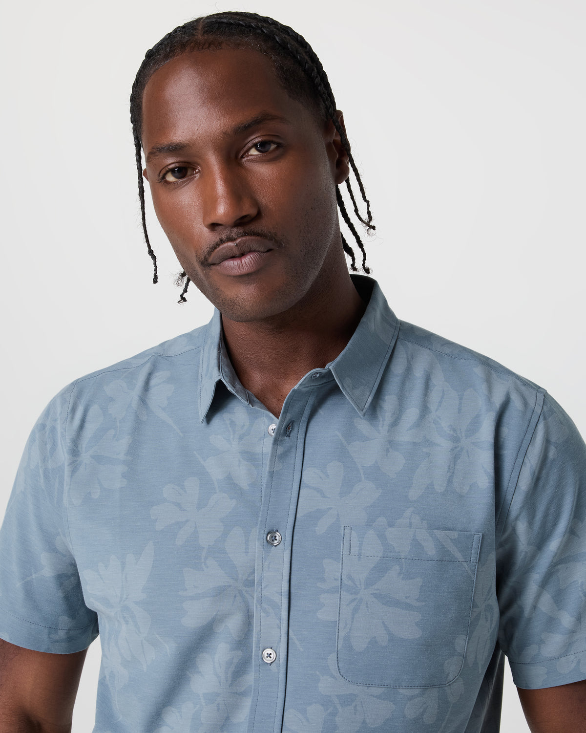 Short Sleeve Bridge Button Down Dusty Blue Plumeria - Image 2