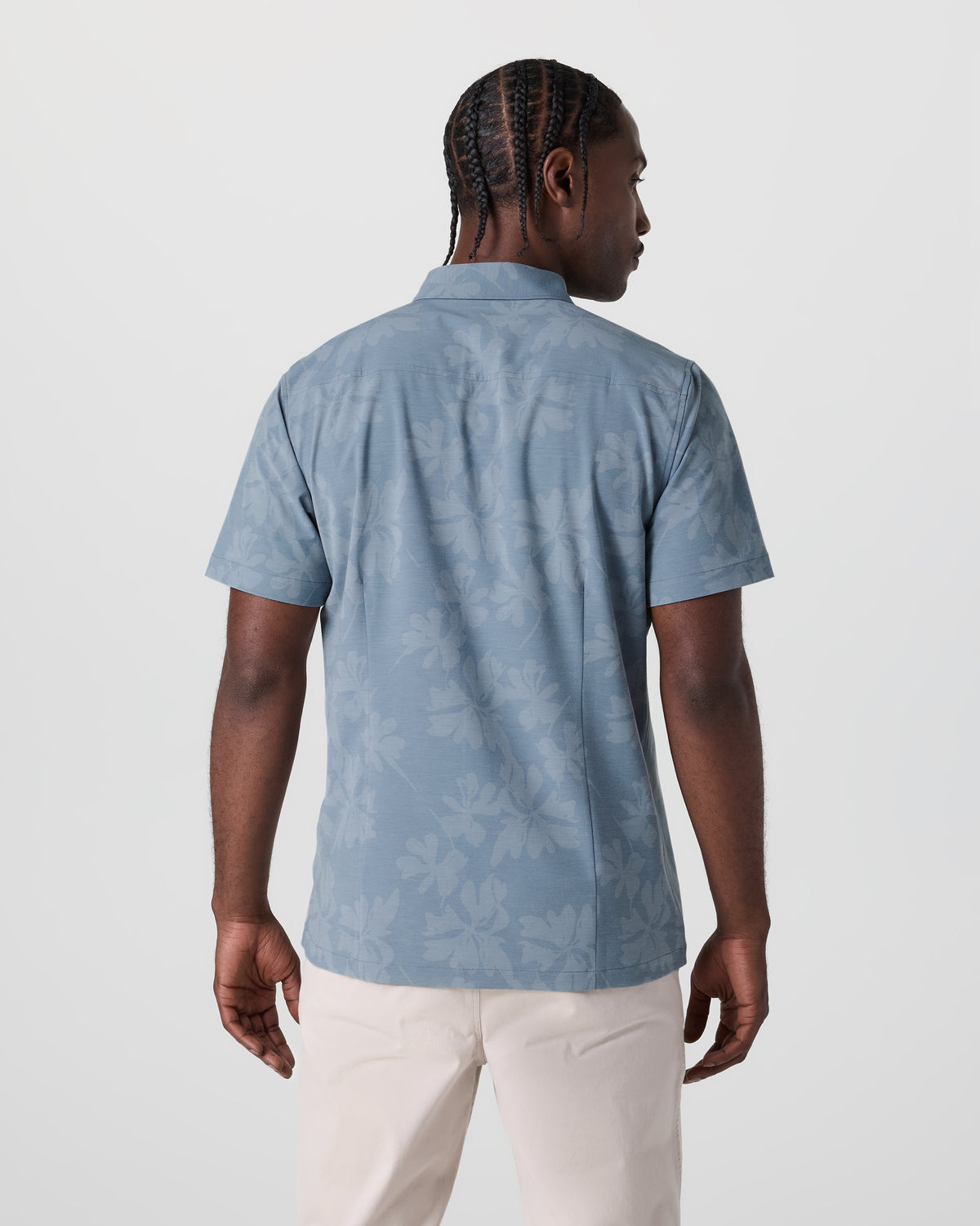 Short Sleeve Bridge Button Down Dusty Blue Plumeria - Image 3