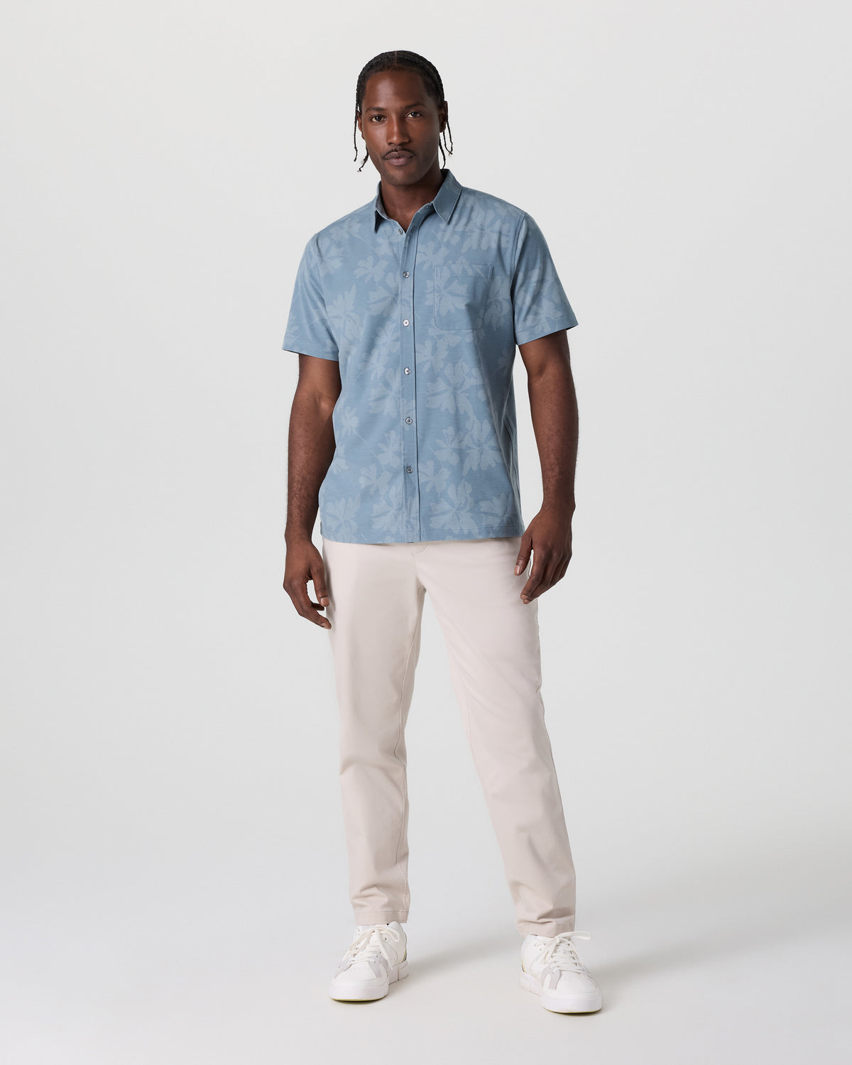 Short Sleeve Bridge Button Down Dusty Blue Plumeria - Image 4
