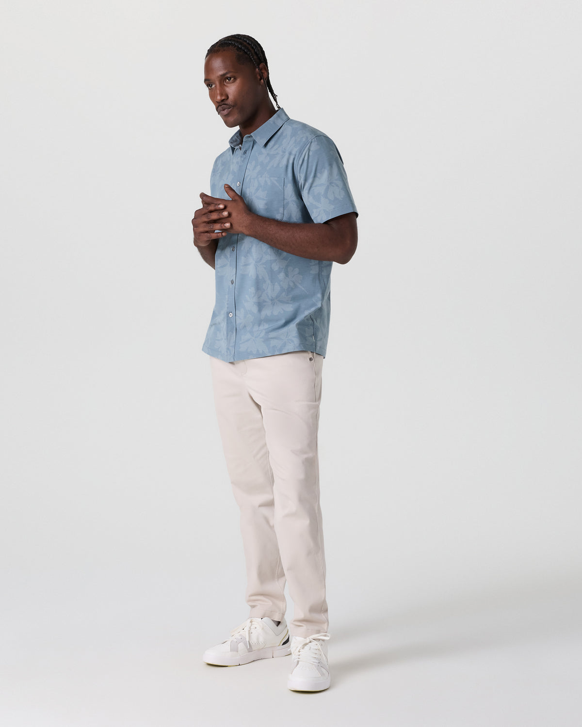 Short Sleeve Bridge Button Down Dusty Blue Plumeria - Image 5